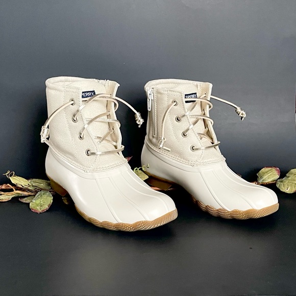 Sperry Girls Saltwater Ivory Sparkle Duck Boots NWB Size 3 - Picture 3 of 10